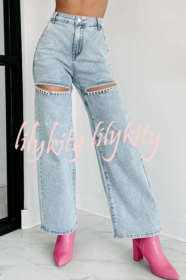 Blowing Your Mind Slit-Front Wide Leg Pocket Rhinestone Jeans