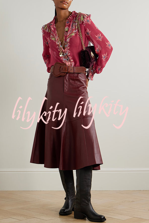 Unique Printed Chiffon Long-sleeved Loose Shirt and Elegant Ruffled Maxi Skirt Set