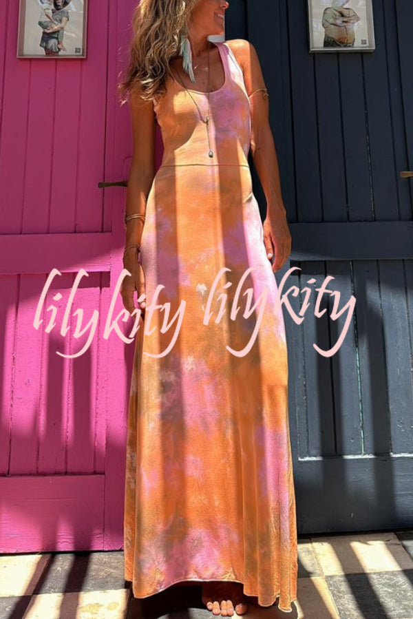 Summer Adventures Tie-dye Print Back Lace-up Stretch Maxi Dress