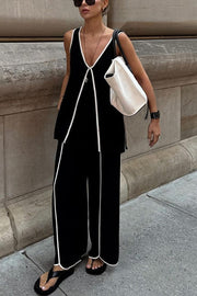 Vera Contrast Piping Panels A-line Tank and Elastic Waist Pocketed Wide Leg Pants Set