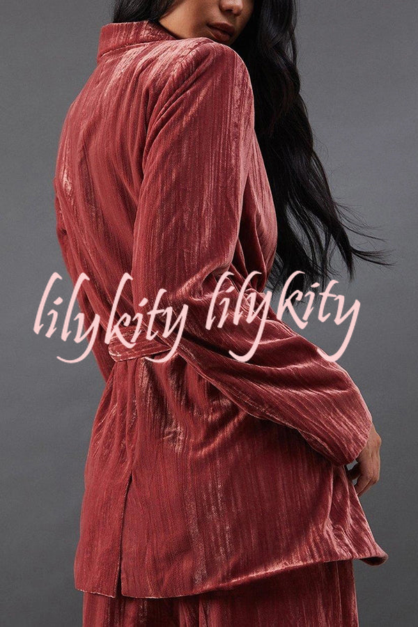 Solid Color Velvet Long-sleeved Waist Tie Top and Elastic Waist Casual Pocket Straight-leg Pants Set