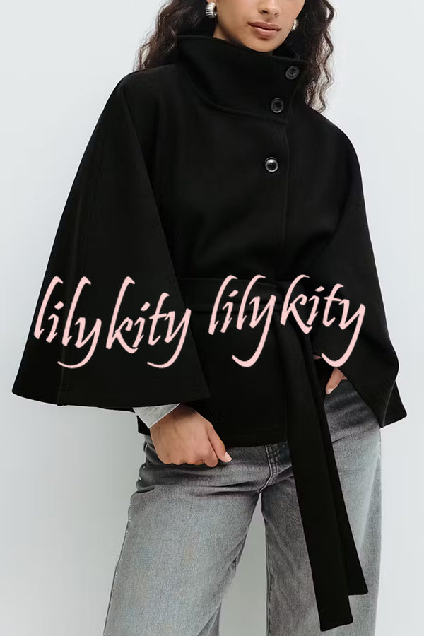 Fashionable Stand Collar Button Waist Tie Loose Cape