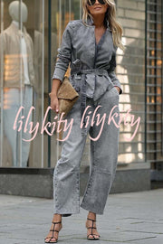 Casual Meetup Denim Stand Neck Long Sleeve Belted Loose Jacket