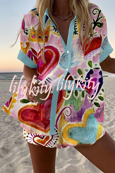 Colorful Heart Print Loose Button Elastic Waist Shorts Set