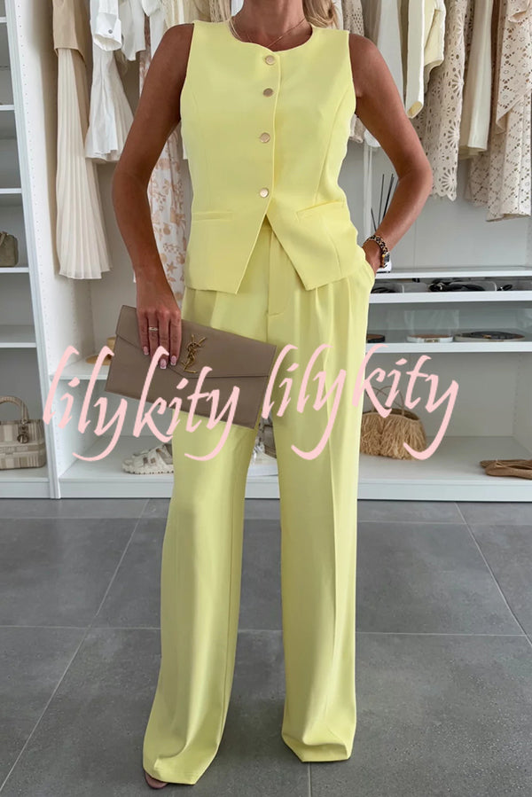 Workplace Chic Sleeveless Button Vest and Relaxed Pocket Wide Leg Pants Set