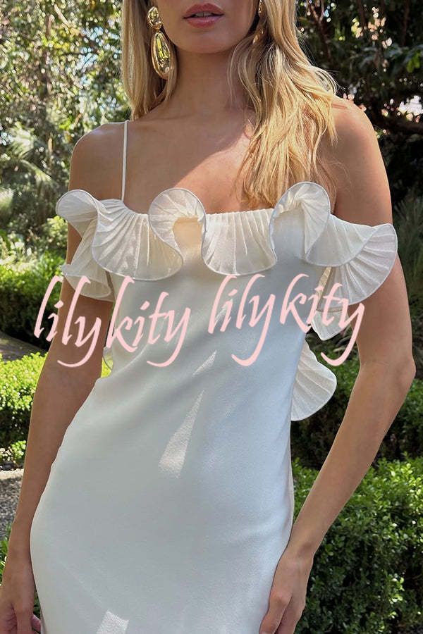 Alisin Pleated Chiffon Wavy Ruffles Trim Slip Maxi Dress