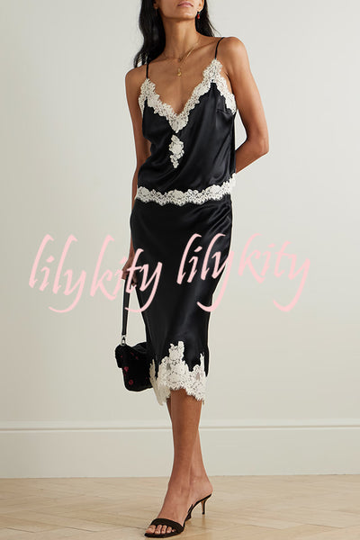 Celebration Look Contrast Color Satin Lace Trim V-Neck Slip Tank