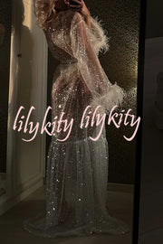 Fashionable Sequined Feather Long-sleeved Vacation Loose Extra-long Sun Protection Cover-up