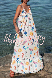 Marisol Linen Blend Unique Print A-line Slip Loose Maxi Dress