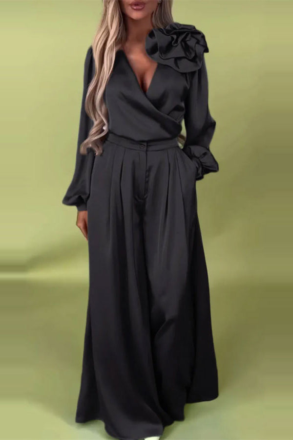 Solid Color V-neck Long-sleeved Large Flower Decorated Top and Casual Pocket Wide-leg Pants Set