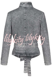 Casual Meetup Denim Stand Neck Long Sleeve Belted Loose Jacket