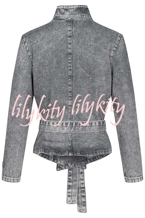 Casual Meetup Denim Stand Neck Long Sleeve Belted Loose Jacket