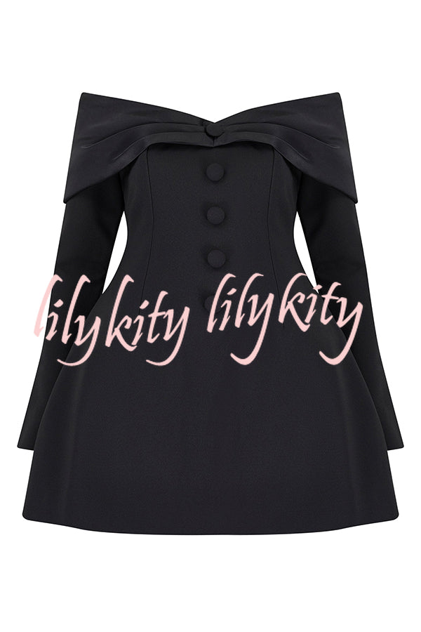 Eternal Muse Satin Bow Silhouette Off Shoulder Button Slit Sleeve Mini Dress