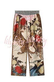 Tropical Jungle Tiger Unique Print Long Sleeve Loose Shirt and Elastic Waist Pants Set