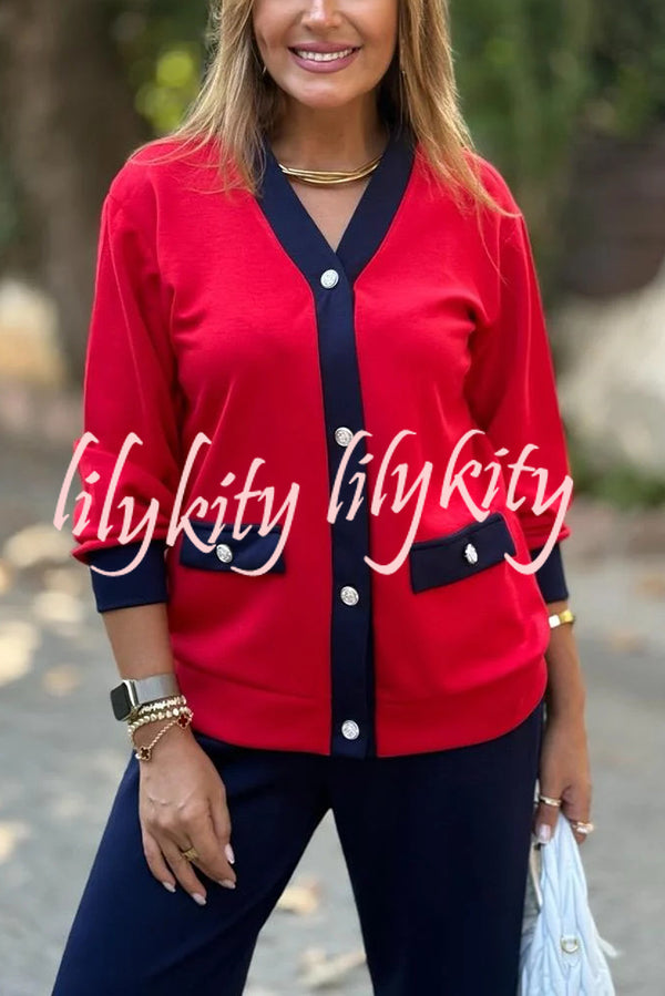 Stylish Color-blocked V-neck Knitted Button-down Cardigan and Elastic Waist Casual Wide-leg Pants Set