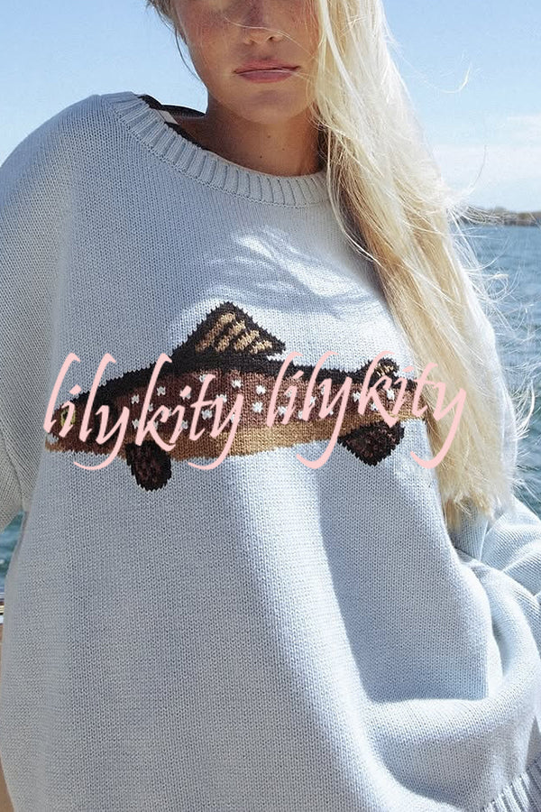 Fashionable Fish Pattern Round Neck Loose Knitted Sweater