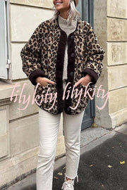 Warm Feel Colorblock Leopard Print Plush Button Up Pocketed Teddy Jacket