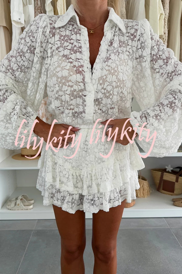 Nicola Lace Long Balloon Sleeve Blouse and Elastic Waist Layered Skort Set