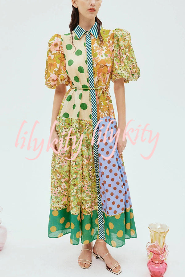 Linen Blend Unique Print Lapel Puff Sleeve Casual Midi Dress