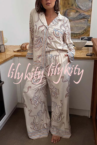 Calm Seas Line Octopus Unique Print Loose Shirt and Elastic Waist Pocketed Pajama Set