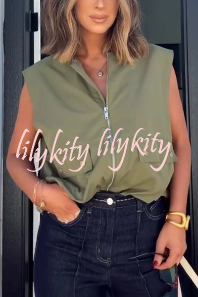 Fashion Zipper Sleeveless Pocket Loose Vest Jacket