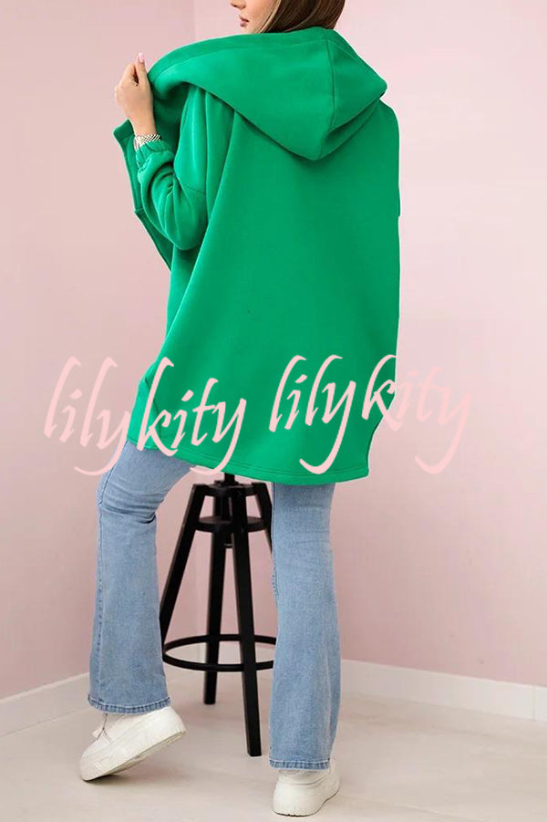Solid Color Loose Hooded Zip-up Casual Sports Jacket