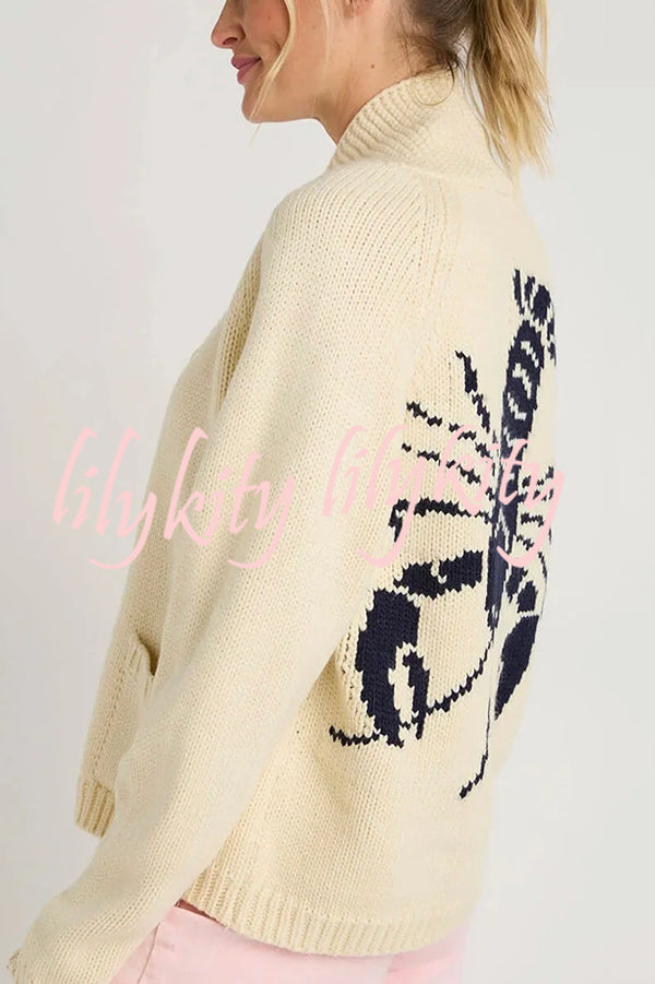 Fashion Lobster Pattern Casual Long Sleeve Knit Cardigan