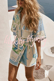 Pierre Linen Blend Ric Rac Trims Unique Print Short Sleeve Shirt and Wrap Tie-up Mini Skirt Set