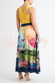 Seaside Holiday Satin Unique Print Knotted Scarf Top and Elastic Waist Loose Maxi Skirt Set