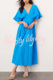 Antibes Linen Blend Princess Line Pleated Wide Puff Sleeve Midi Dress