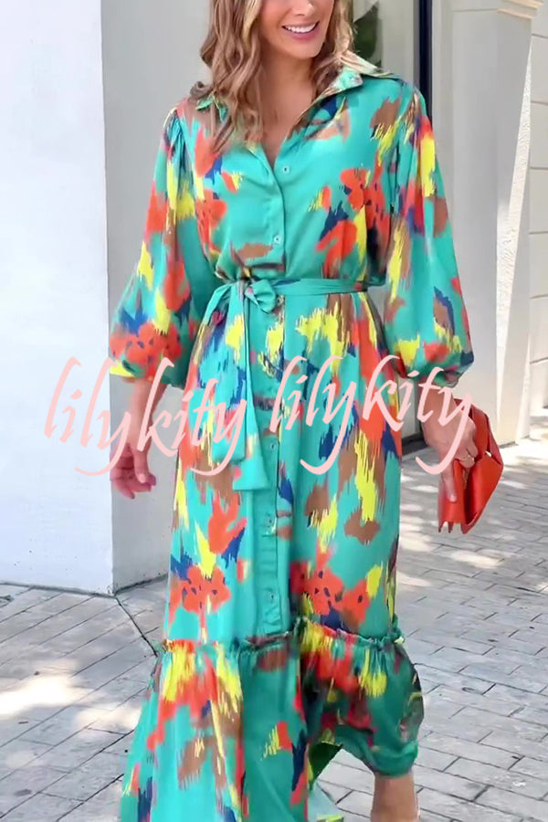 Multicolor Printed Lapel Balloon Sleeves Tie-waist Maxi Dress