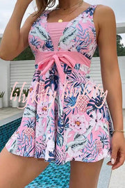 Cheerful Floral Print Bow Detail Tankini Swimsuit Set