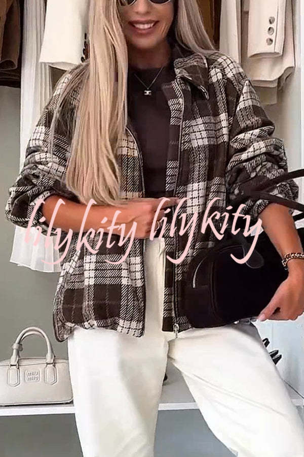 Fashion Plaid Print Lapel Long Sleeve Loose Zipper Jacket