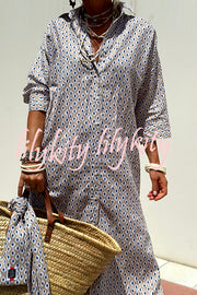 Summer Splendor Printed Button Half Sleeve Belt Loose Shirt Midi Dress