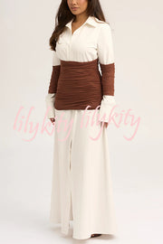 Fashionable Pleated Contrast Patchwork Waist Long Sleeve Button Shirt Maxi Dress