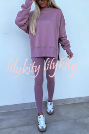 Solid Color Loose Long Sleeve SlitSweatshirt and Elastic Waist Tight Pants Set