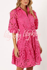 Solid Color Lace Cutout Balloon Sleeves and Waist Tie Mini Dress