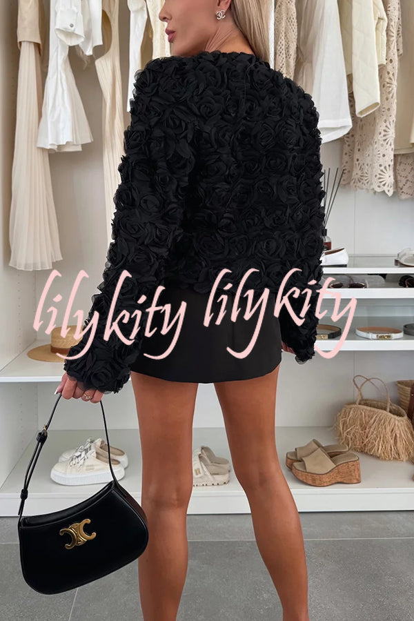 Fashionable Three-dimensional Flower Casual Long-sleeved Cropped Jacket