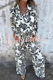 Linen Blend Unique Print Long Sleeve Loose Shirt and Elastic Waist Tie Pocket Pants Set