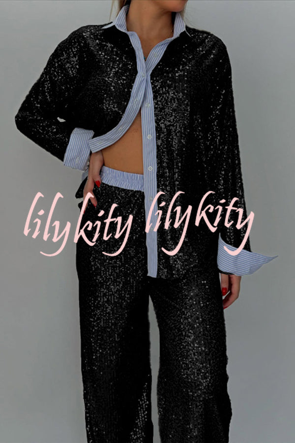 Fashion Sequined Loose Long-sleeved Shirt and Casual Elastic Waist Wide-leg Pants Set
