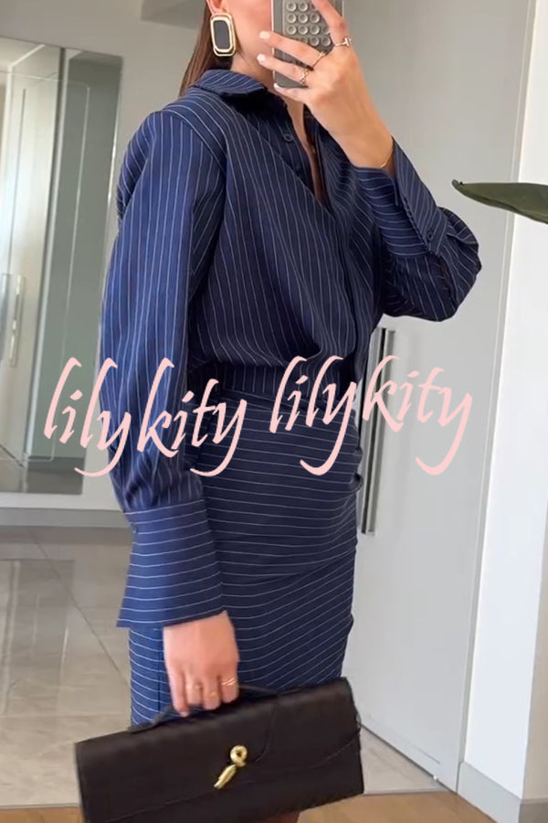 Simple and Sexy Stripe Print Long Sleeve Ruched Hem Shirt Mini Dress