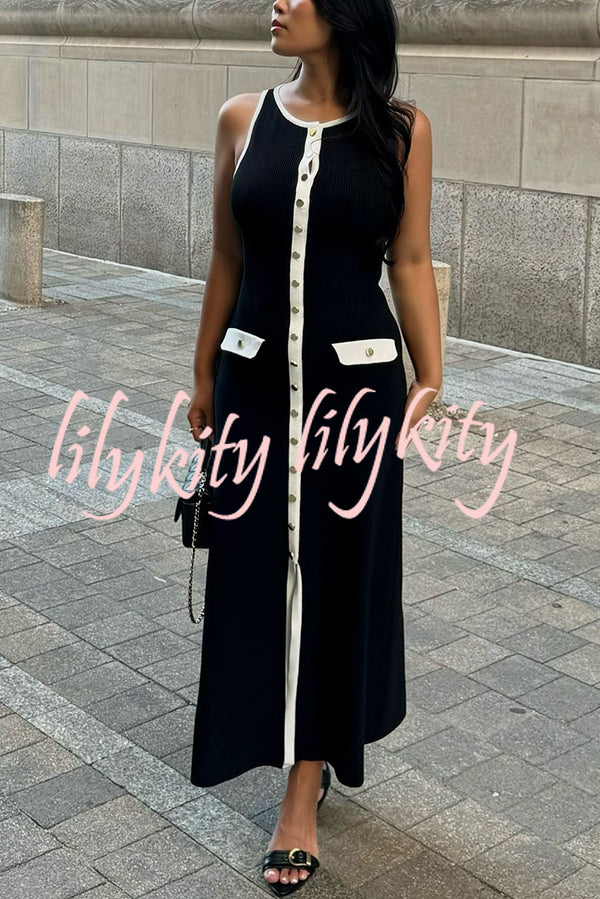 Elegant Slim Fit Crew Neck Buttoned Sleeveless Knit Midi Dress