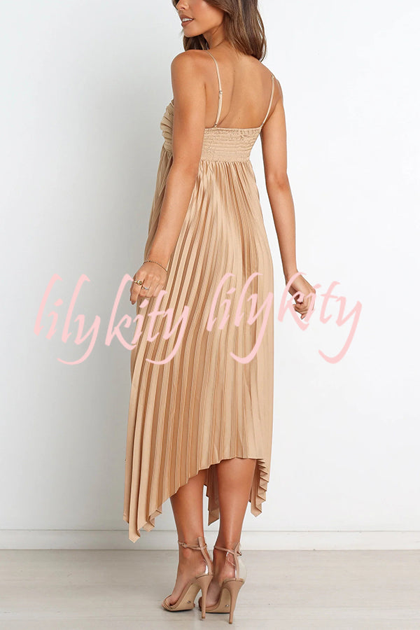 Solid Color Sexy Suspender Pleated Irregular Midi Dress