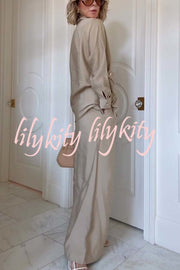 Juliette Cross-front Button Up Long Sleeve Shirt and Elastic Waist Pocket Loose Pants Set