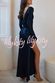 Satin Elegant Long-sleeved Open-back Slim-fit Slit Maxi Dress