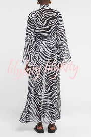 Marsie Zebra-print Elastic Drawstring Waist Long Bell Sleeve Cover-up Kimono