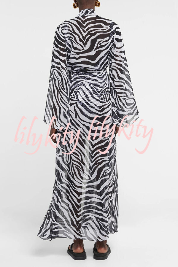 Marsie Zebra-print Elastic Drawstring Waist Long Bell Sleeve Cover-up Kimono