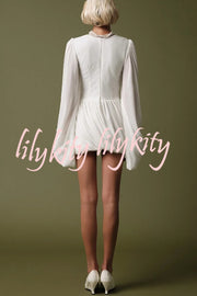 Solid Color Round Neck Lantern Long Sleeve Pleated Casual Mini Dress