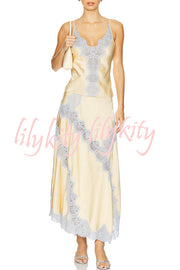 Wine Tasting Contrast Color Satin Lace Trim Irregular Hem Drape Midi Skirt