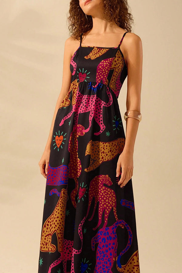 Unique Printed Sling Back Pleated Loose Holiday Maxi Dress